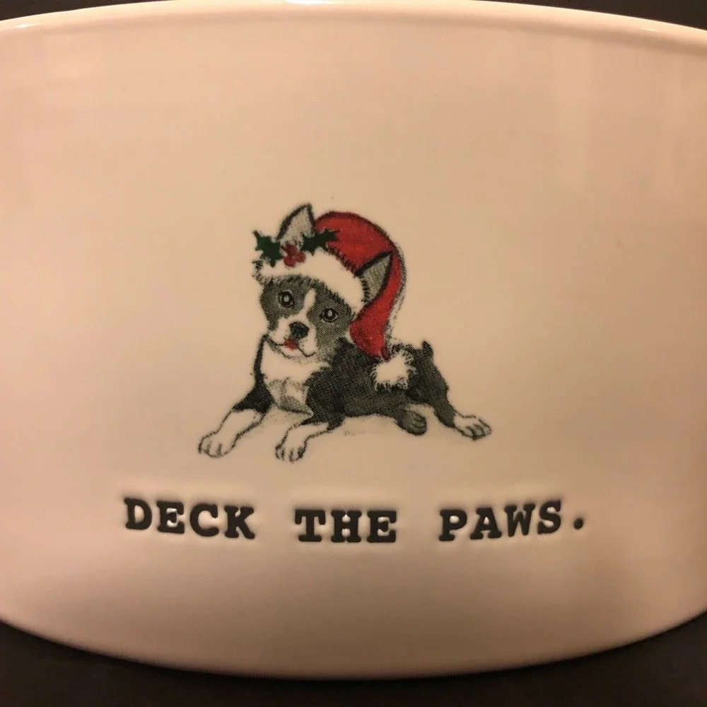 Rae Dunn Christmas DECK THE PAWS Type Set Red Interior Large Dog Bowl NEW